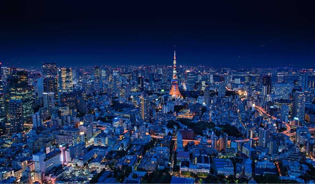 Aerial view of city buildings during nighttime in Tokyo.