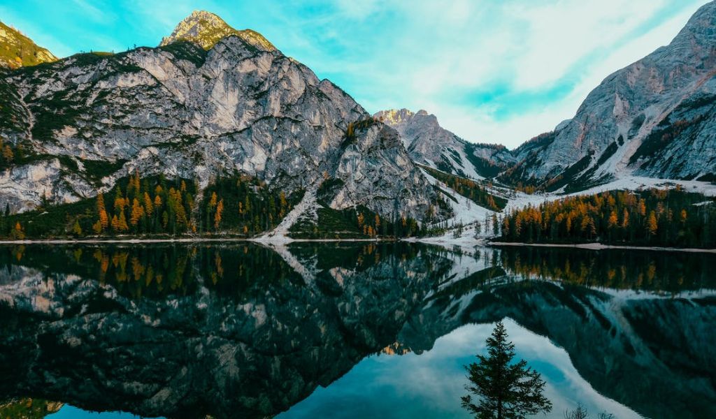 Reflection of The Mountain on Lake Braies, Italy.