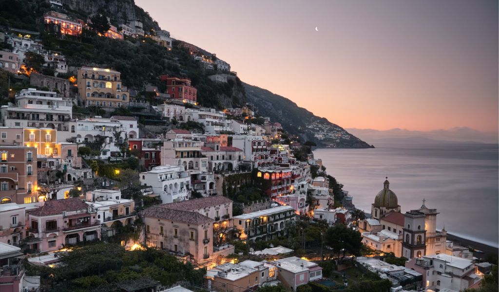 View of the Amalfi town during nighttime.