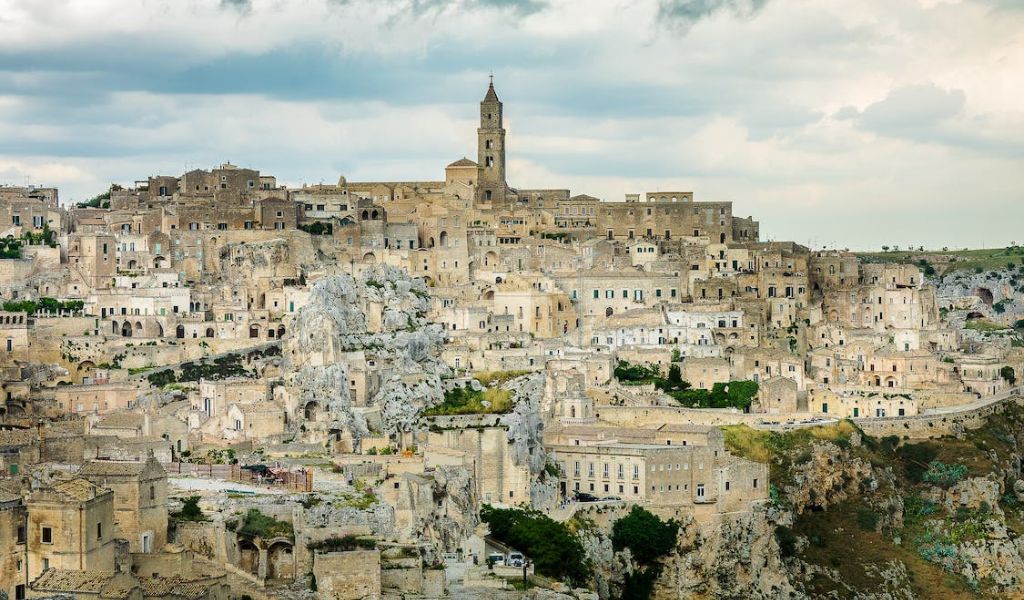 A city of Matera over rocky mountain.