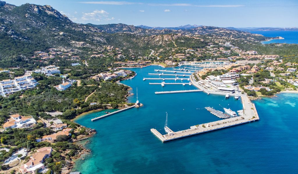 An aerial view of Porto Cervo with crystal clear water.