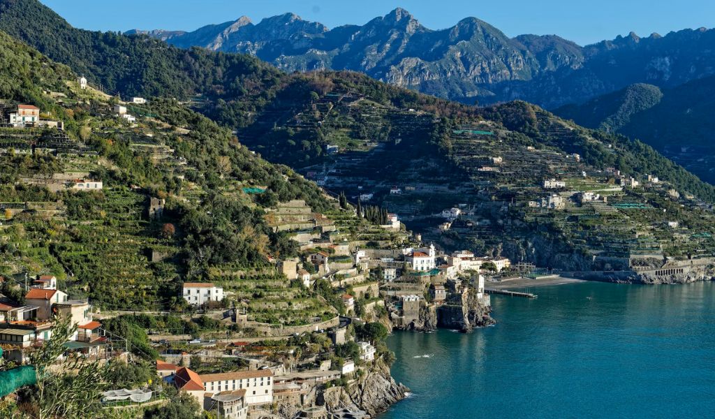 Aerial view of the village on top of the mountain with breathtaking landscapes in Ravello.
