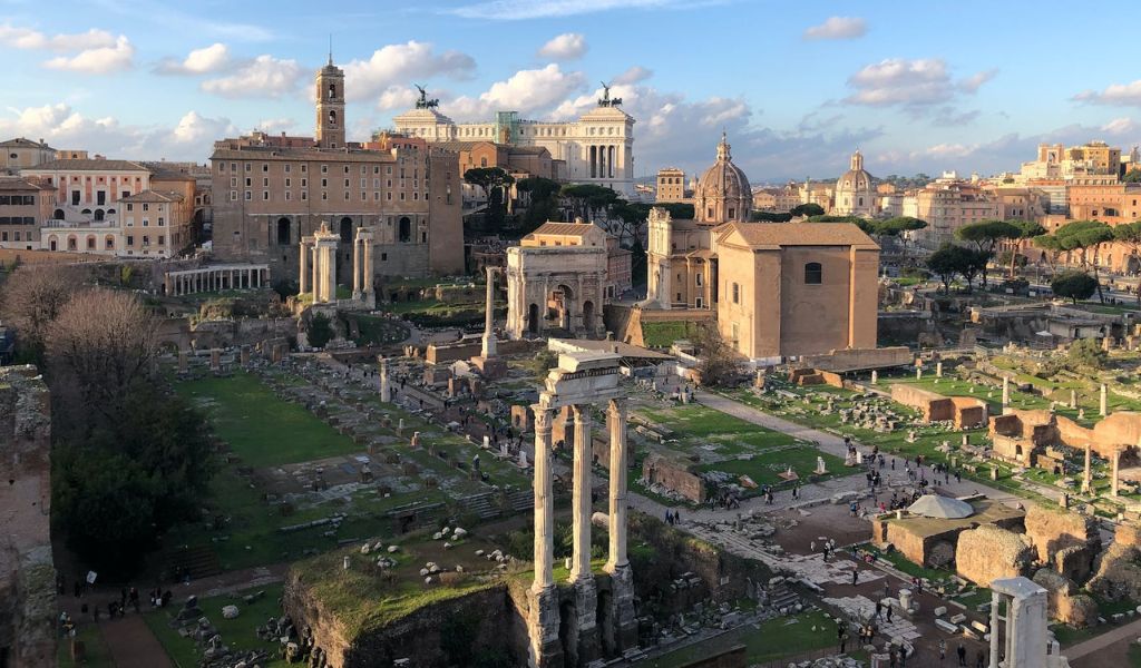 Aerial view of the Roman Forum with tourists in Rome, Italy