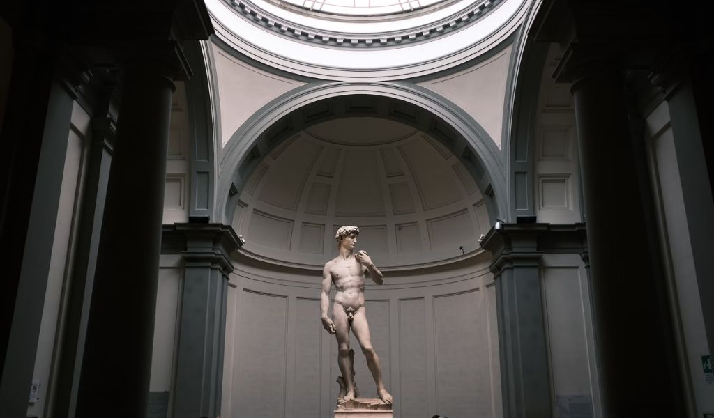 The statue of Michaelangelo’s David is a masterpiece of Italian Renaissance sculpture.