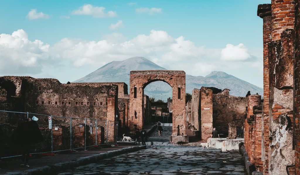 Tourists visit the historical Pompeii Archaeological Park