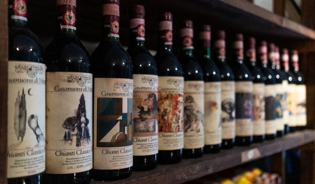 A collection of Chianti wine bottles from Winery in Tuscany, Italy