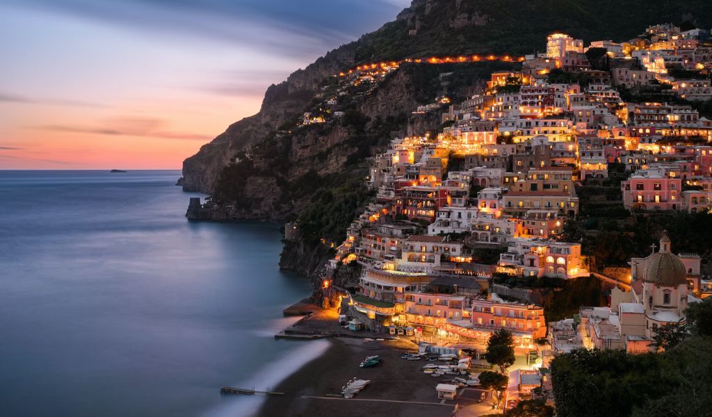Nighttime view of Italian village on the beautiful Mediterranean Amalfi coast