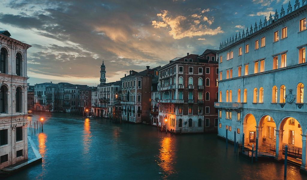 Nighttime view of the Venice Canal with beautiful cloud formations.
