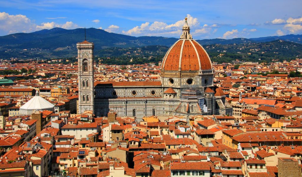 An aerial view of the Duomo Cathedral in Florence, Italy