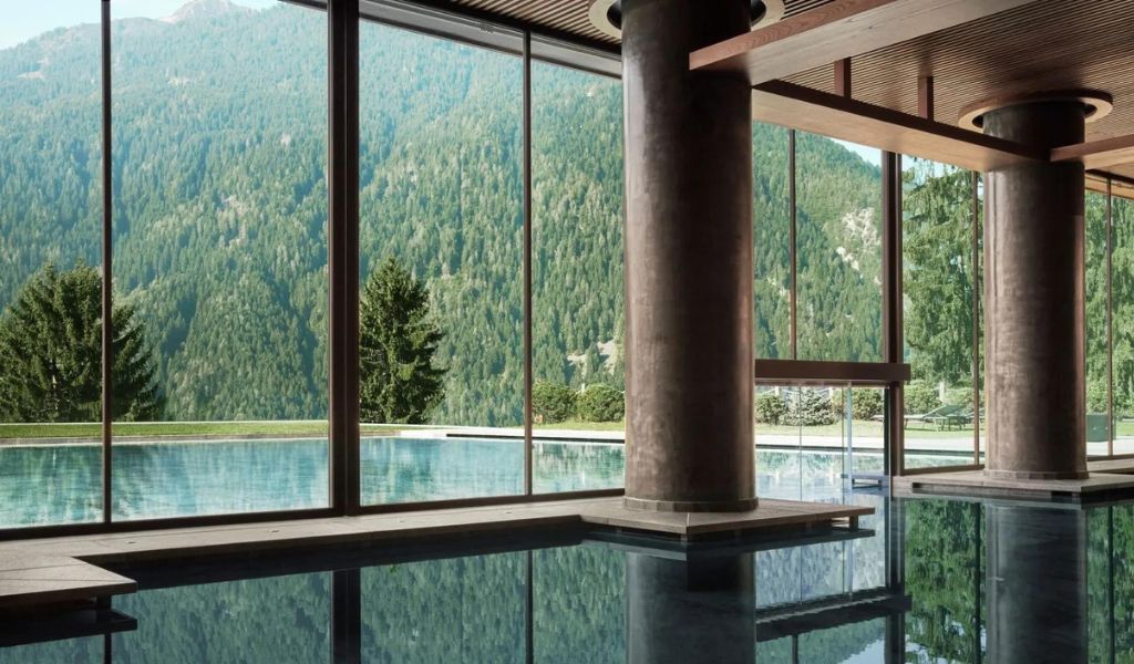 The magnificent ski resort Madonna di Campiglio with big contemporary pool