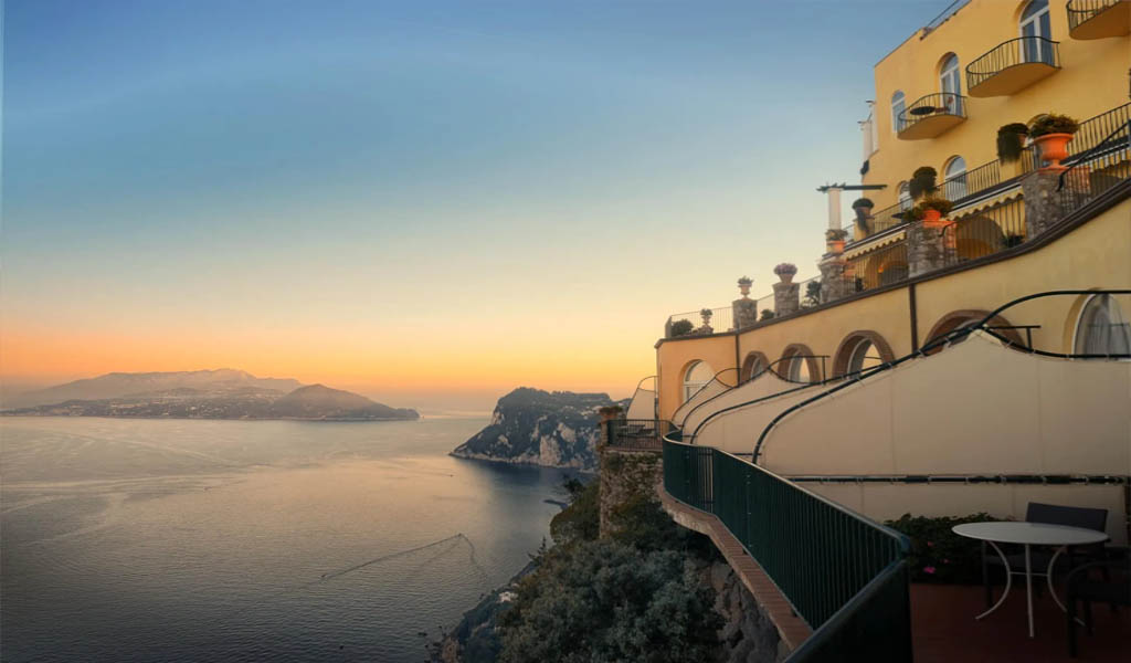 A stunning view of the sea and sky with sunset from Caesar Augustus luxury hotel in Capri.