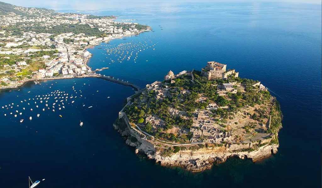 Aerial view of Aragonese castle on the small island of Ischia