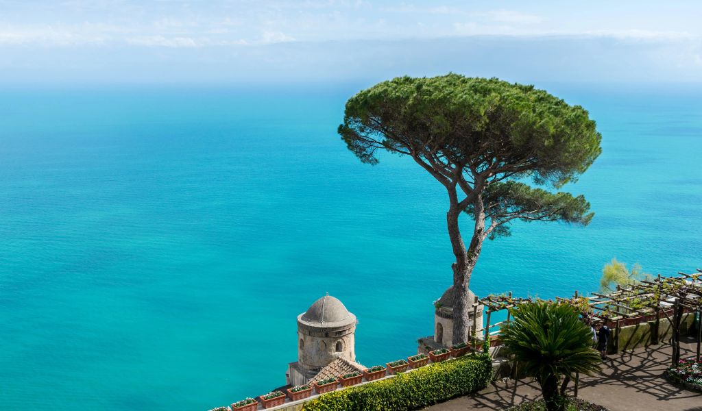 Above view of the sea and church in Ravello
