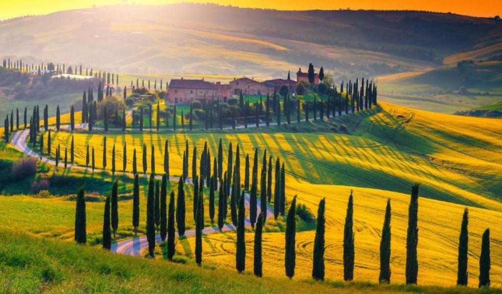 A beautiful landscape in Tuscany during sunset.