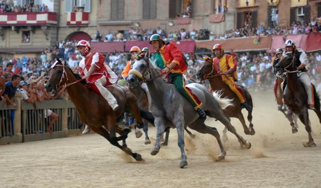 Horses and riders, bareback and dressed in the appropriate colors in the Palio di Siena