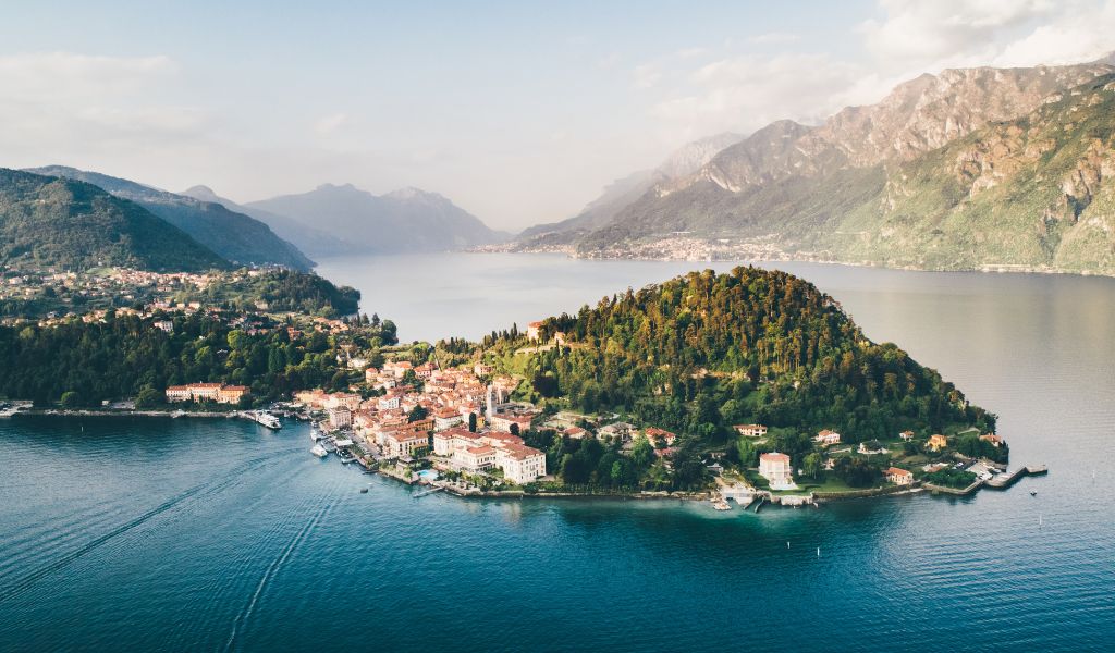 Aerial view of the small village with mountains in Lake Como
