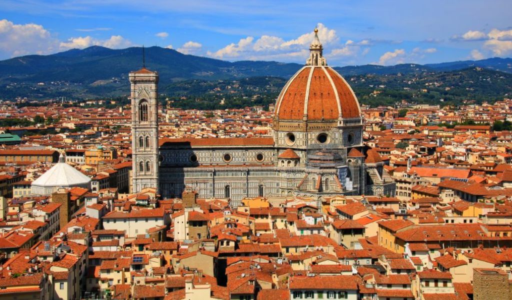 An aerial view of the Duomo Cathedral during daytime in Florence, Italy