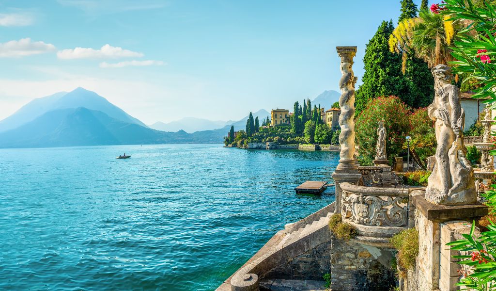 Tourists are resting in a luxury lakeside villa in Lake Como, during their private tour in Italy